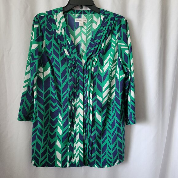 Coldwater Creek Blouse Sz Large 14 Pleated 3/4 sleeve button front green blue - Picture 1 of 14